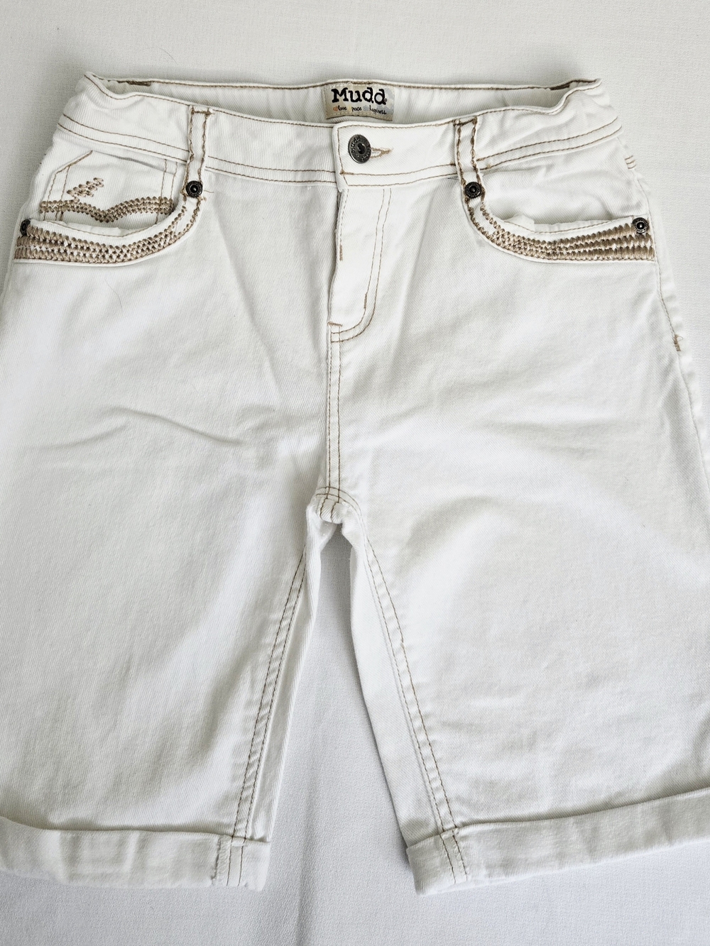 Mudd Girls White Denim Shorts with Tan Stitching, Cuffed Legs, Size 10